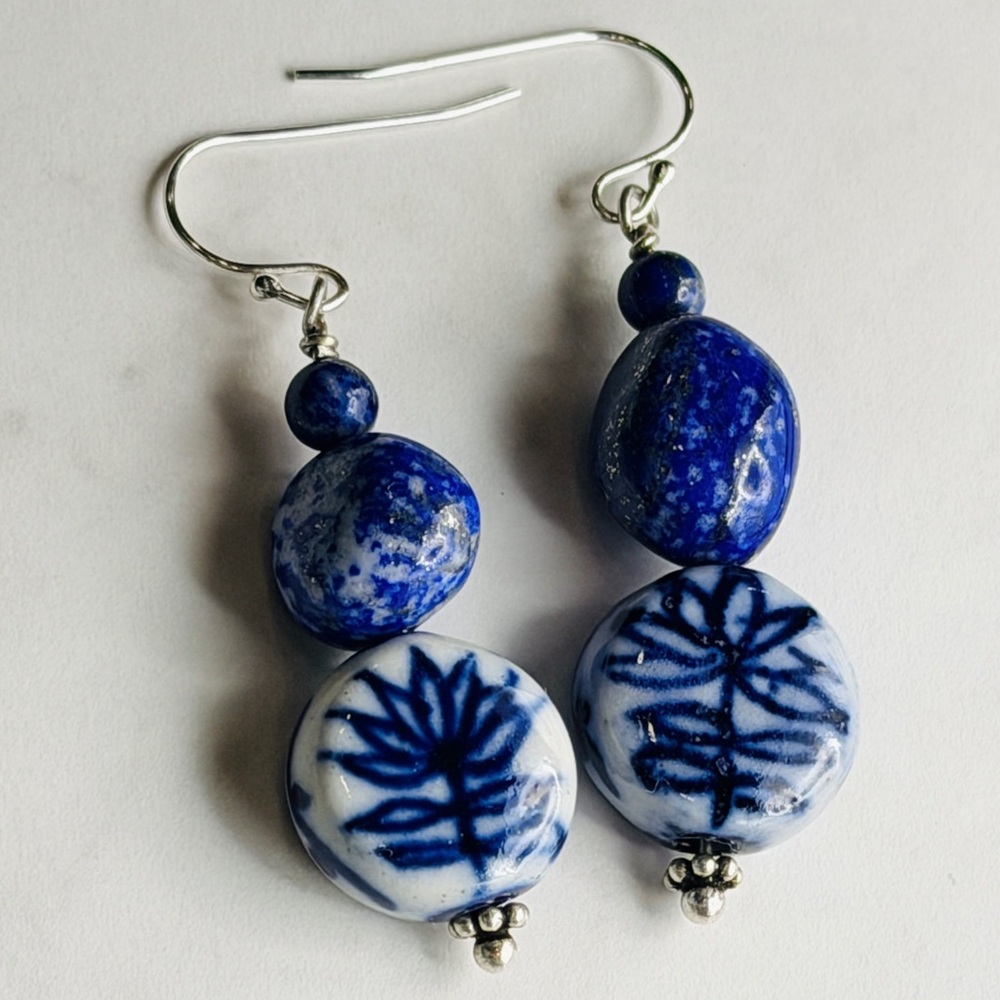 Artisan Blue Ceramic & Lapis Lazuli Bohemian Drop Earrings Sterling Handmade